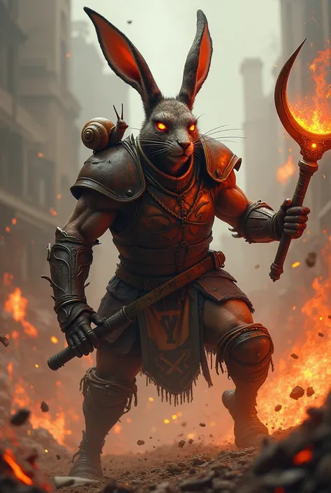  An evil killer hare gladiator with red eyes, Fight with a fire weapon,  on his armor is written xp9 ,  on the shoulder a small snail. Action 