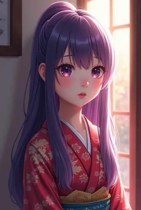 A realistic portrait of a young girl with long purple hair, traditional kimono, serene expression, soft lighting.