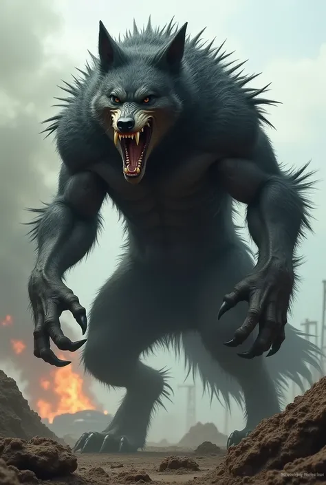 Dark mutated wolf standing on 2 foot furry showing teeth as a warrior ready to fight in war
