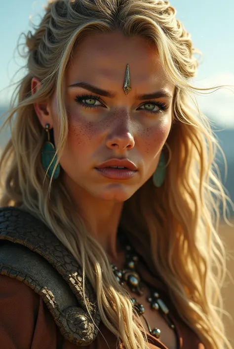 Face of a woman with big green eyes and a bumpy nose, Blond-haired warrior woman