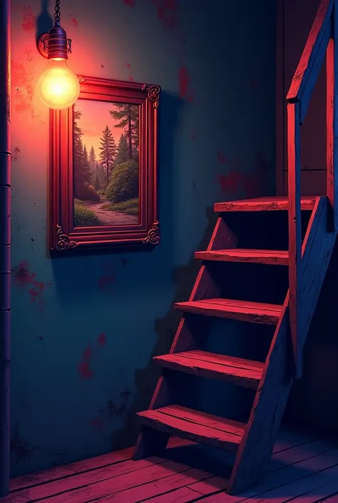  Generate a background like FNF, FNF ,  drawing style that is in a basement ,  that you can see a single painting ,  some stairs up to come out type of wood but that are attached to the wall,  and that you can see the light bulb something close to the imag...