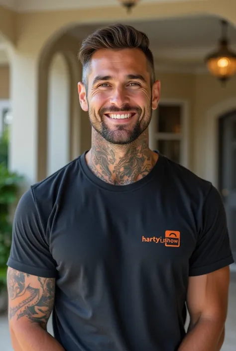 Photo de profil dun homme de 40 ans avec les cheveux courts, une barbe bien taillée, musclé avec un beau sourire, Un tatouage design au niveau du cou, pourtant un tee-shirt avec un logo harty_show, Avec un fond dimage une jolie maison luxueuse, avec adrian...