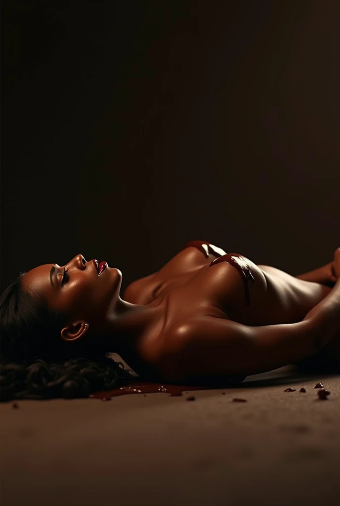 a beautiful black woman, 30 years old ,Lying down,full body shot,naked body covered in dripping chocolate,Long breasts, photorealistic ,Highly Detailed,8k, hyperrealistic poses,perfect skin, dramatic lighting ,Sensual,erotic, cinematic composition,elegant ...