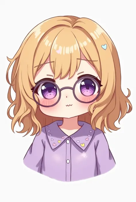  emoji of a chubby girl with wavy hair around her shoulders with honey-colored reflections and round purple lenses, with cute lilac blouse with heart ornaments  