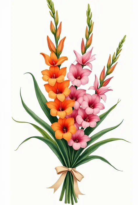 A vintage watercolor-style painting featuring a bold bouquet of gladiolus flowers. The arrangement showcases tall stems of vibrant orange and pink gladiolus, interwoven with lush green leaves. The stems are tied with a simple cream-colored ribbon, adding b...