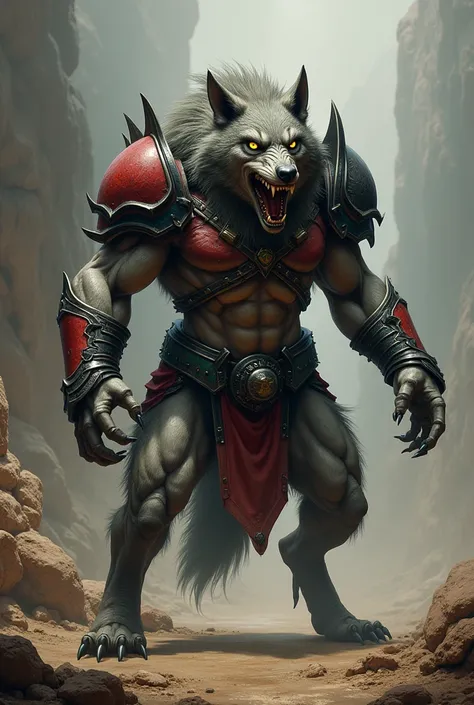 mutated wolf standing on 2 foot  showing teeth as a warrior ready to fight in war with red black blue and green color side view with armor
