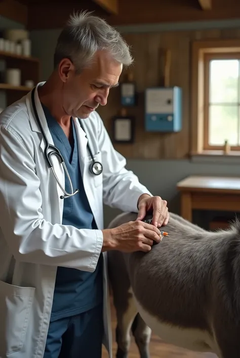 a 35 year old veterinary man doctor injection donkey hip