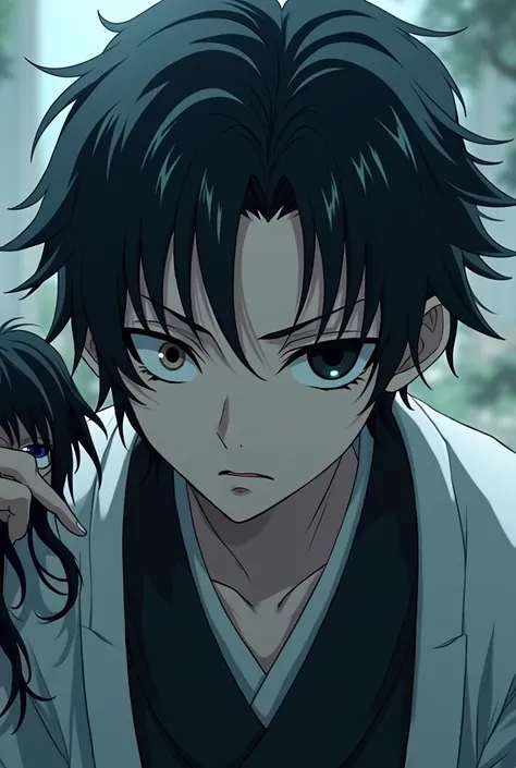 Demon Slayer screencap,  a boy , white skin, black haired puppet , black eye,  dressed in Demon Slayer and a white Haori shirt