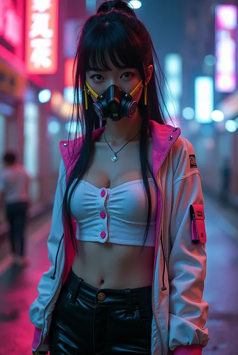 (( best quality , 8K, masterpiece : 1.3)), full body, Asian cyberpunk wearing gas mask, sharp focus : 1.2, Exceptional beauty: 1.4, ((( black hair tied with yellow chopsticks holding ponytail: 1.2)), (Night City, street: 1.1), Highly detailed face and skin...