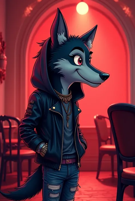  A cartoon style drawing of a wolf with black fur wearing punk-style clothing and a hood covering his face looking at a luminous setting with red tones,chic chairs , looking like a cabaret with an impressed expression and a slight smile 
