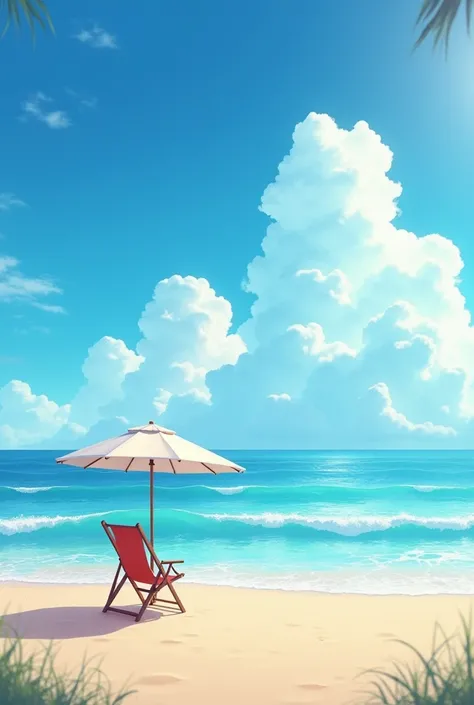 A beautiful beach on a sunny day with the waves hitting the sand and very white clouds in the sky with a nearby beach chair and an umbrella