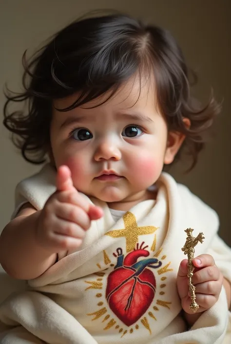 A 3- baby standing female with rounded cheeks that are very red,light skin, clear eyes, large dark hair with a beautiful rosary in one hand the other points to the camera with gold details,Blanket with the Sacred Heart printed ,Realistic image actually loo...