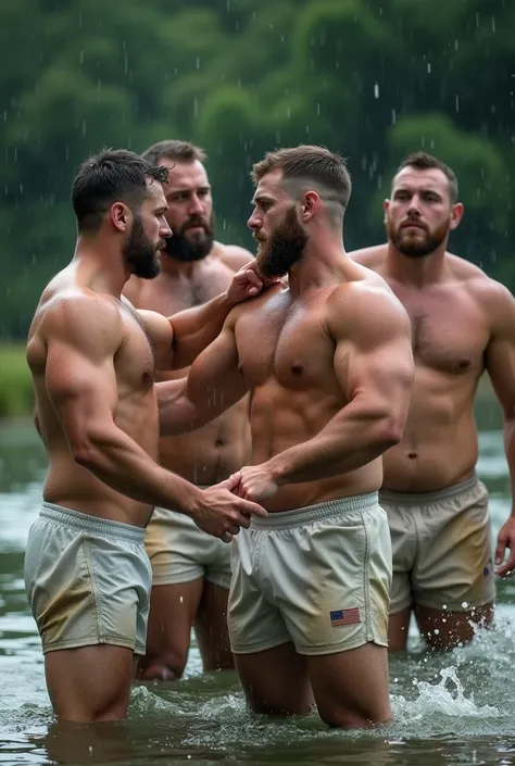  phot 8krealistic photo of several rugby players and several bald soldiers with SHORT BEARD Rubbing lightly face to face sly bromance grabing adjusting shorts tackling lineout looking at the camera wet athletic sweat washing clothes and shorts in the rain ...