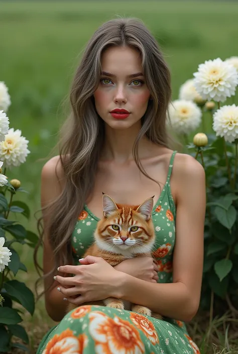 The image is a portrait of a beautiful young woman with a sharp face, sitting on a grassy ground. She is wearing a floral dress with colorful patterns in shades of emerald green, orange and green, sitting and holding a close-up of a Persian cat. She has lo...