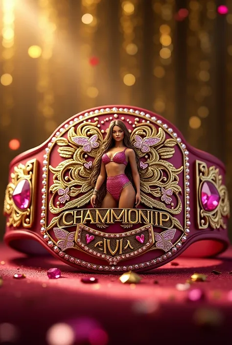 Create a womens belt for GWA put the name GWA Divas Championship do it with gold details and pink diamonds put butterflies its also a belt around the waist write Championship right