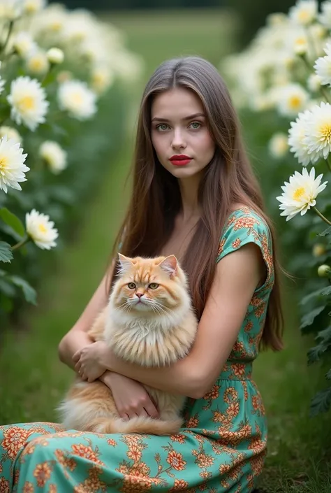 The image is a portrait of a beautiful young woman with a sharp face, sitting on a grassy ground. She is wearing a floral dress with colorful patterns in shades of emerald green, orange and green, sitting and holding a close-up of a Persian cat. She has lo...