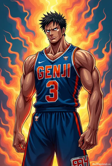  basketball uniform，male，Anime One Piece style ，Background inflammation，Genji letters on the chest