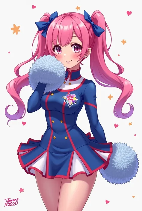 anime cheerleader with pink hair and blue uniform with pompoms,  concept art inspired by Lois van Baarle ,  winner of the pixiv contest, Furry art, fanart of Marin Kitagawa, Artgerm and Lois van Baarle, Official fan art, chica saiyan,  girls knights of the...