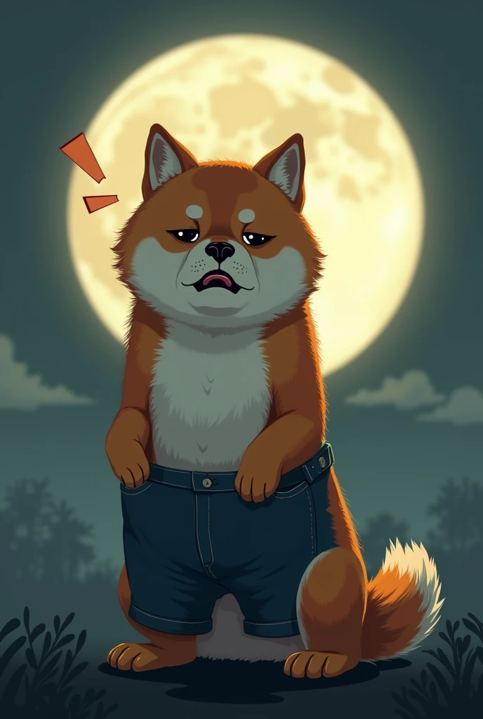  A meme of a poor Shiba Inu dog ,  with a sad head  ,  the trouser pockets turned over, A lunar background  