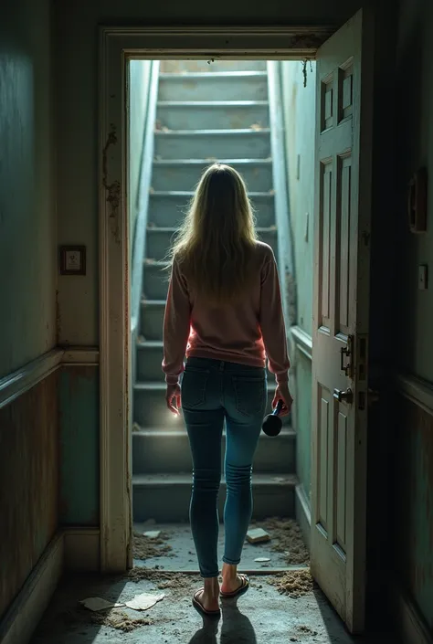 A beautiful young woman with blonde hair, wearing a rose-pink sweater and jeans, stands in the hallway of an abandoned house near an open door. The stairs are visible, leading downwards. She walks toward the door and uses a flashlight to inspect the stairs...