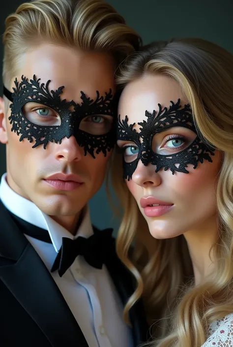 Very handsome white man and blonde very beautiful woman wearing masks