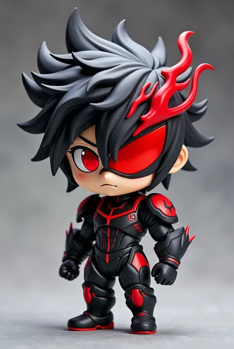  A collectible Ignis chibi doll ,  shown completely from the front in a fixed pose .  Its armor combines matte black as a base with white and red distributed harmoniously,  reflecting a powerful and vibrant design .  Its red visor emits an intense shine , ...