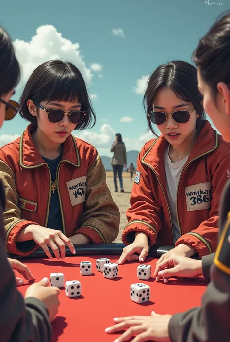  from a distance are visiblewomen in mamakai jacket playing dice and wearing sunglasses, on his jacket seg ; ah right chestclearly reads WOW388 (realistic)
