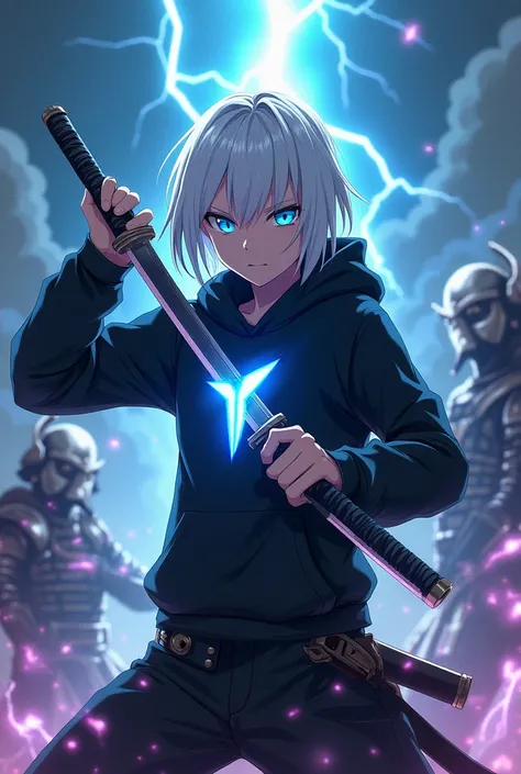 "A white-haired anime character with glowing blue eyes, wearing a black hoodie with a glowing Y logo. They are holding dual katanas, surrounded by lightning bolts and futuristic samurai in the background. The environment features dramatic energy bursts, a ...