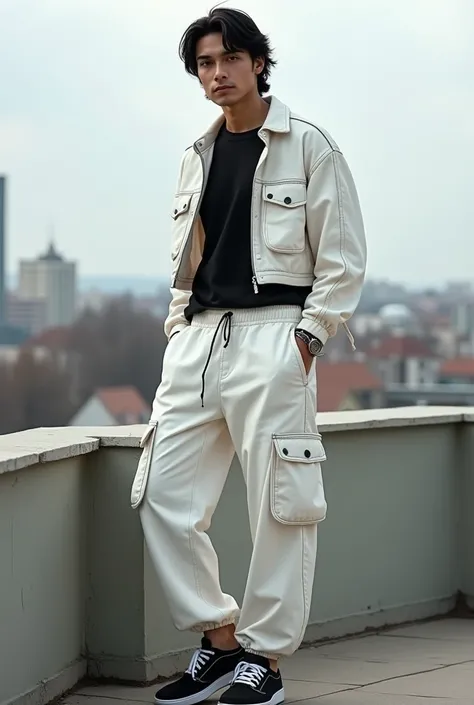 The europian man is dressed in loose white cargo pants with large drawstring pockets hanging down to the knee. He is wearing a black T-shirt and a white cropped jacket with drawstring pockets on the shoulders. His footwear consists of black sneakers with w...