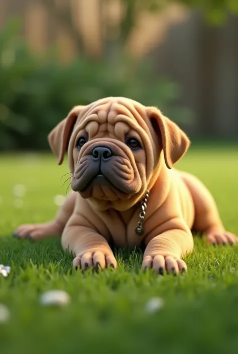 A charpei puppy with his necklace on a lawn