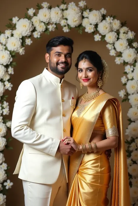 The image shows a man and a woman dressed in formal attire, posing closely together. The man is wearing a white outfit with gold buttons, while the woman is wearing a shimmering golden saree with a matching blouse. They are standing in front of a decorativ...