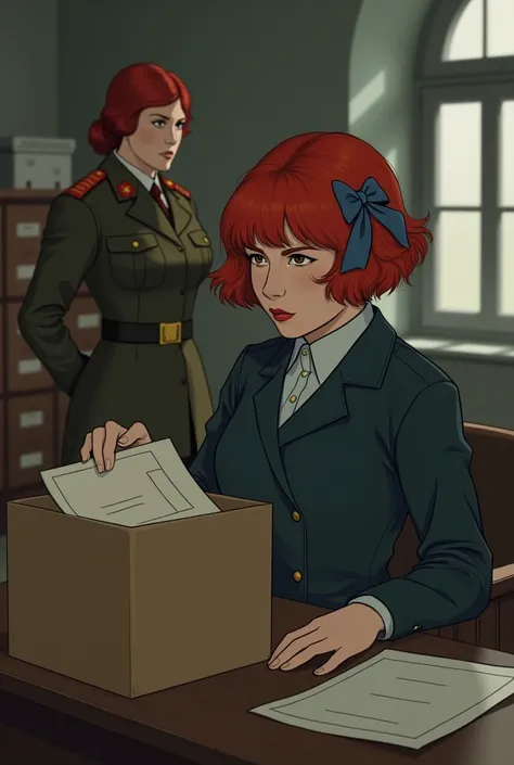 Red-haired girl with bangs and blue ribbon working assistant in office, loading documents in a box in the year 1926 in Leningrad while her boss, a red-haired woman dressed as a soldier, spies on her in the distance