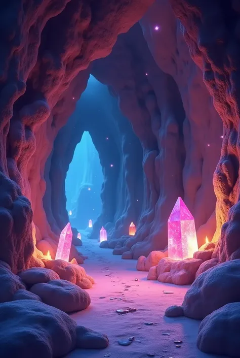 "Create a magical cave interior with glowing, mystical crystals scattered throughout the walls, casting soft light. The cave should have a dreamy, otherworldly atmosphere with floating stars, shimmering mist, and gentle swirls of magical smoke. The colors ...