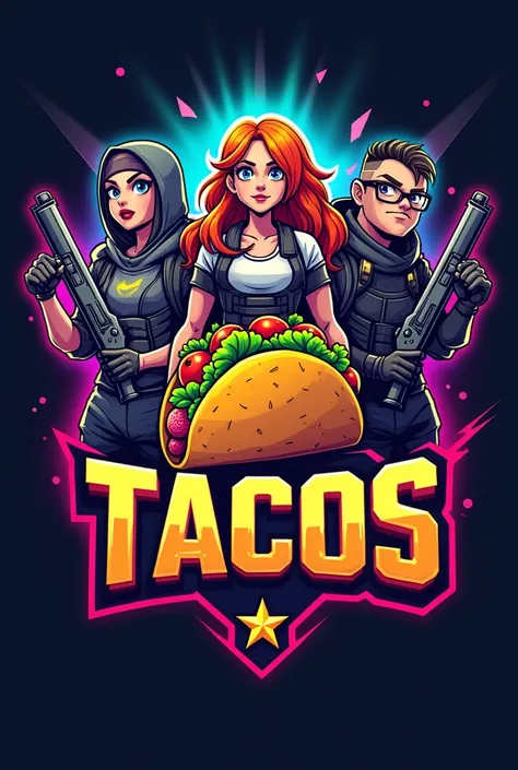 Taco logo with text “team tacos” and 2 female tacos with krunami vandal and 3 male tacos with prime phantom Valorant inspired 
