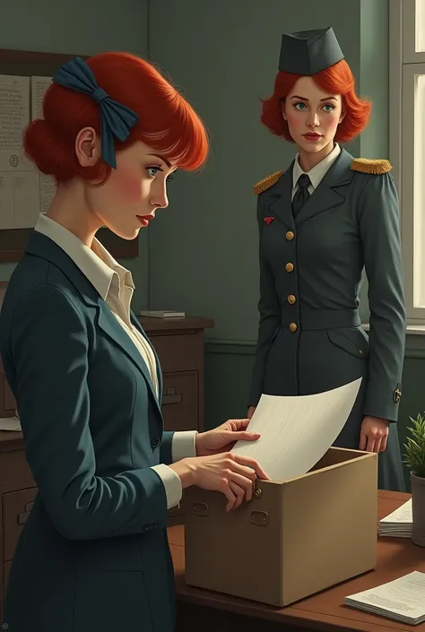 Red-haired girl with bangs and blue ribbon working assistant in office, loading documents in a box in the year 1926 in Leningrad while her boss, a red-haired woman dressed as a soldier, spies on her in the distance