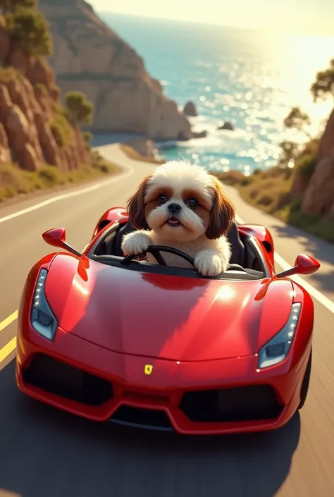 A Shih Tzu dog driving a Ferrari 