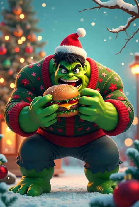 The incredible Hulk in Christmas clothes eating a hamburger in cartoon style 