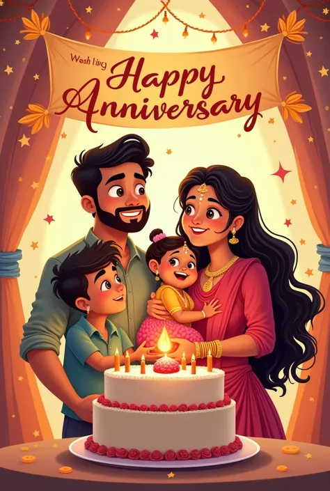 Should be two South Indian couple with one boy  age s and girl baby age . Celebrating their wedding anniversary like cutting cake. Their name
Is kartik and vikneswary. Wish them
In the banner…. Put their name.. and girl with pottu on forehead..


All good ...