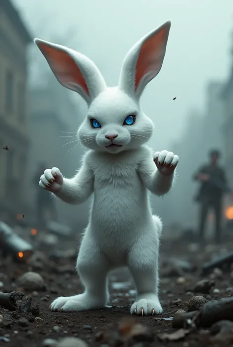 A white rabbit with blue and white evil eyes in human form on the battlefield 