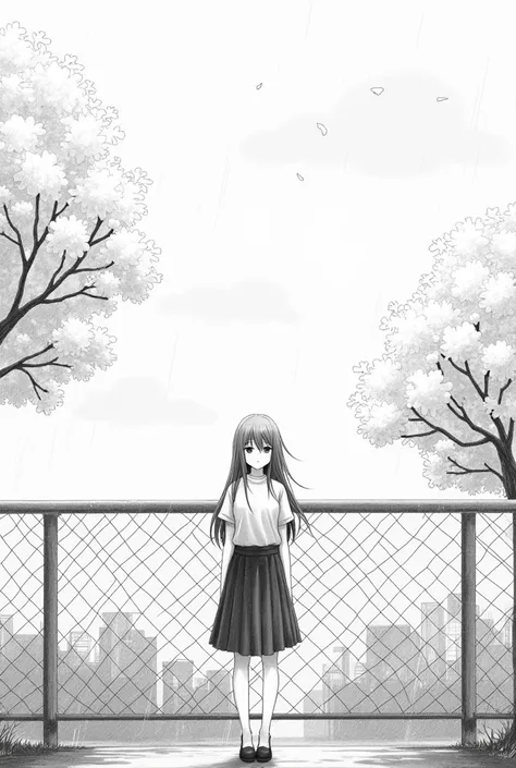 1 ******,Art Line, monochrome,OUTLINE,pencil drawing, traditional media,1 ******, black skirt, branch, building, chain-link about, Cherry trees, about,  long hair,  outdoor, petals, pleated skirt, rain, shirt,  short sleeves , skirt, Alone, standing,  tree...