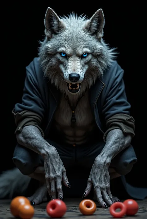 ,  long hair ,  looking at the viewer ,  Blue Eyes,  gray hair ,  Anatomically correct , Necessary, toys, toys de argola,  black background. 40 years, werewolf, Medieval jackets, full body