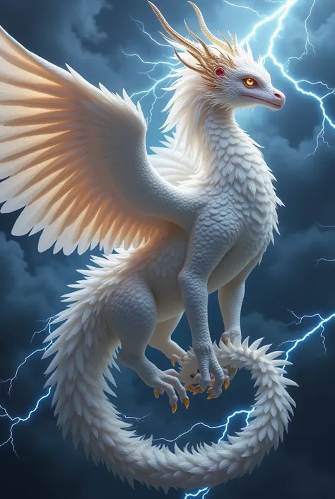 To me, this creature is not ugly, a mixture of a white dragon and a phoenix, but it should look noble, be white, have purple stones like zoltanite on it, show its power and nobility, and be protected by a black lightning.