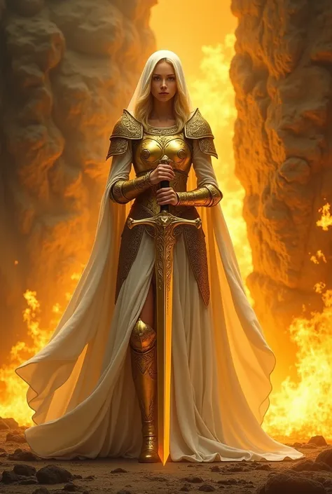 Prompt:
A majestic figure, a beautiful woman, blonde hair, clad in shining golden armor and a flowing white hooded cloak, stands amidst the blazing fire. The figure exudes power and serenity. Posing with a large golden sword held before them, their express...