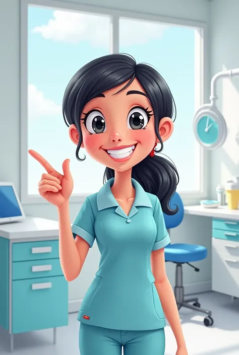 a cartoonish black-haired dental assistant pointing up something 