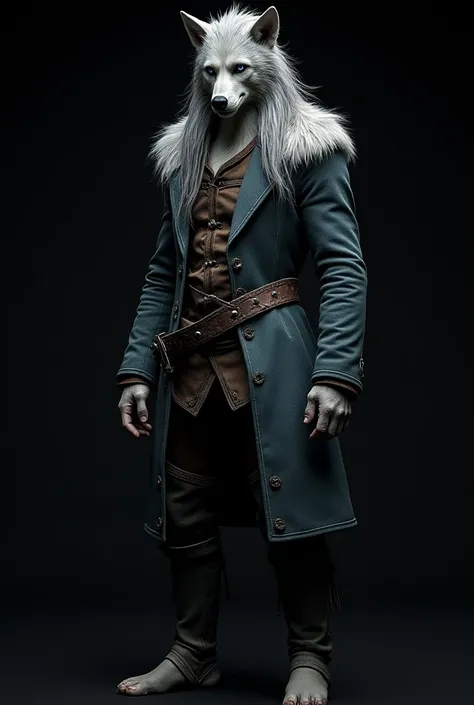 ,  long hair ,  looking at the spectator,  Blue Eyes,  gray hair ,  Anatomically Correct , Necessary, toys, toys de argola,  black background. 40 years, werewolf, Medieval jackets, full body, standing 