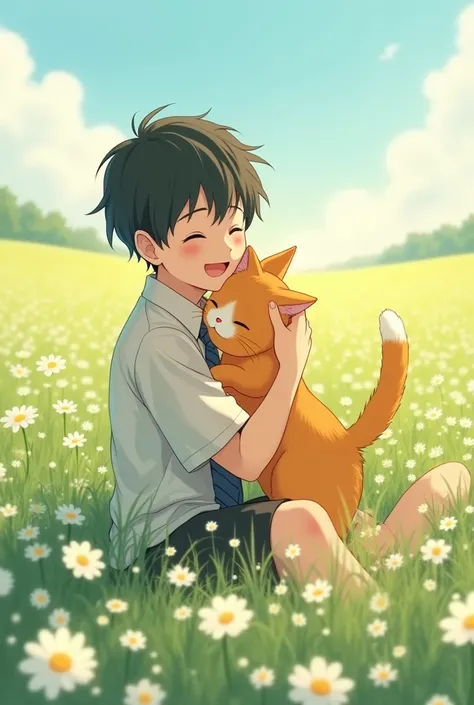 Cute short haired boy holding orange cat anime sitting in the middle of white flower meadow wearing college student uniform