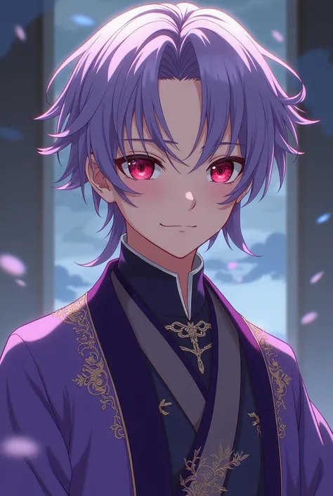 18-year-old man with light purple hair, big blood-red eyes, ancient Chinese amethyst clothing (anime)