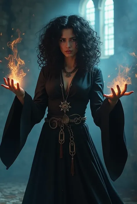 a female mage with curly black hair, shes wearing a black robe