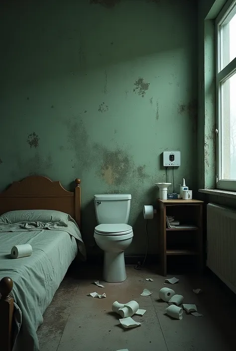  A wall of a room with traces of moisture , mold and mildew , medium blackish green .  You can see a bedside table with pills and a nebulizer.  On the floor and on the bed traces of toilet paper  