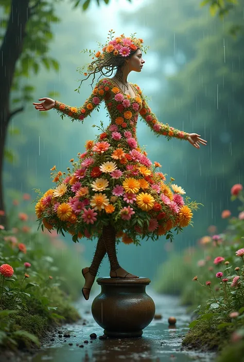 A human like figure made of flowers dancing on a pot, forest rain background
